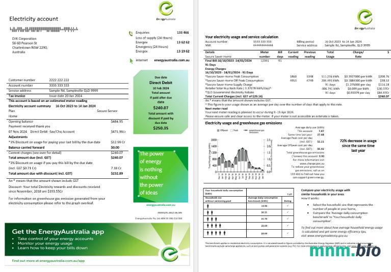 Australia Energy Australia electricity rachunek za usługi komunalne szablon w formacie Word i PDF, 3 strony